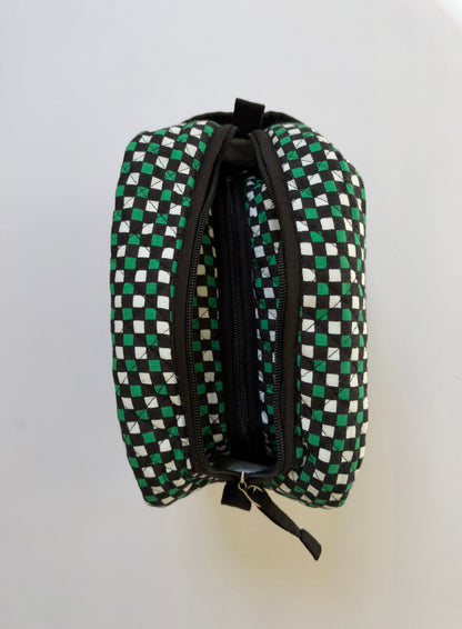 Winter Black Green Mosaic - Cotton Quilted Travel Makeup Utility Pouches (Set of 2)