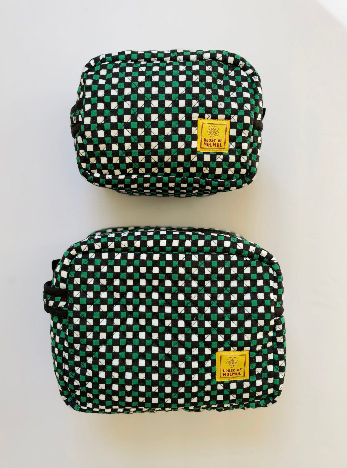 Winter Black Green Mosaic - Cotton Quilted Travel Makeup Utility Pouches (Set of 2)