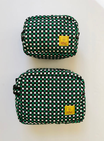 Winter Black Green Mosaic - Cotton Quilted Travel Makeup Utility Pouches (Set of 2)