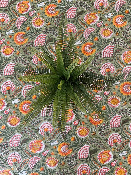 House of Mulmul - Cotton Table Cloth Round. Fern plant on a floral patterned fabric background