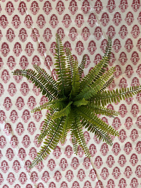 House of Mulmul - Cotton Table Cloth Round. Fern plant on a patterned fabric background