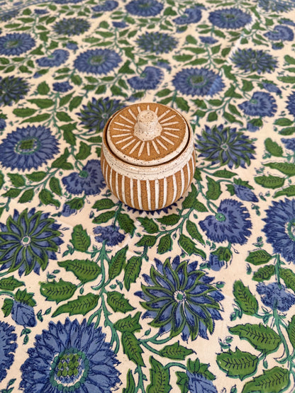 House of Mulmul - Cotton Table Cloth Round. Decorative box on a floral fabric background
