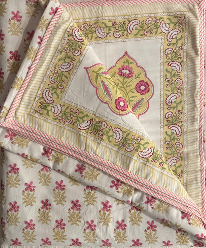 Rang Mahal Handblock printed Reversible Queen Cotton Coverlet (Dohar) Blanket