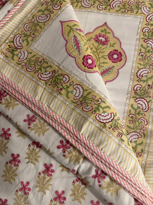 Rang Mahal Handblock printed Reversible Queen Cotton Coverlet (Dohar) Blanket