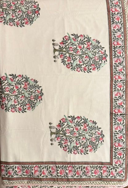Pomegranate Tree Handblock printed Reversible Queen Cotton Coverlet (Dohar) Blanket