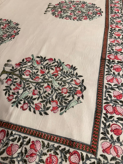 Pomegranate Tree Handblock printed Reversible Queen Cotton Coverlet (Dohar) Blanket