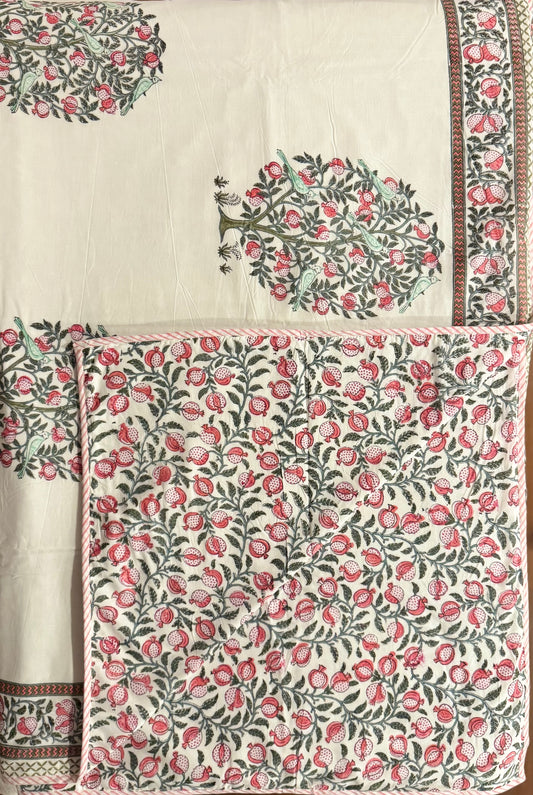Pomegranate Tree Handblock printed Reversible Queen Cotton Coverlet (Dohar) Blanket