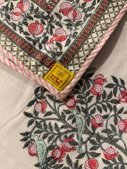 Pomegranate Tree Handblock printed Reversible Queen Cotton Coverlet (Dohar) Blanket