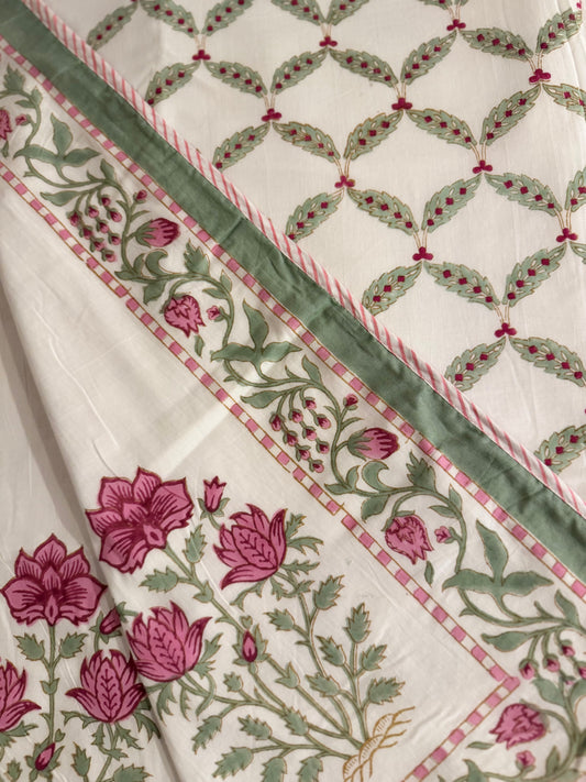 House of Mulmul - Coverlet Dohar, cotton blanket, muslin blanket, mulmul dohar. Decorative handblock printed fabric with floral and geometric patterns on a white background.