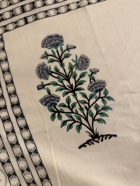 House of Mulmul - Coverlet Dohar, cotton blanket, muslin blanket, mulmul dohar. Cotton Summer Quilt. Queen Size. Embroidered floral design on a white fabric with black and green details