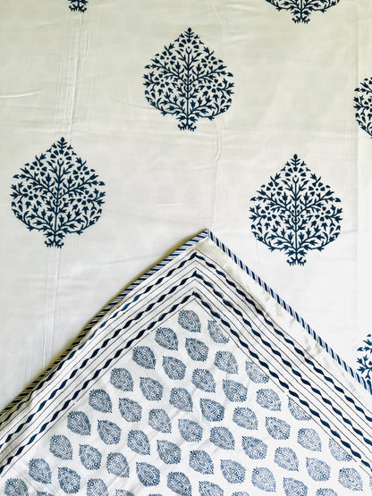 House of Mulmul - Cotton Coverlets (Dohar). Close-up of a fabric with blue leaf pattern on a white background