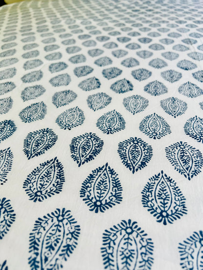 House of Mulmul - Cotton Coverlets (Dohar). Patterned fabric with blue designs on a white background