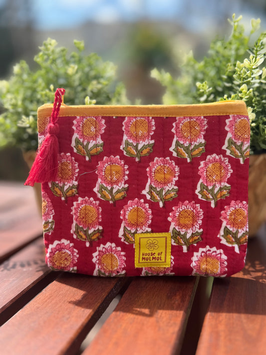 Block print Flat zip pouch - Quilted travel pouch - Passport pouch - Red