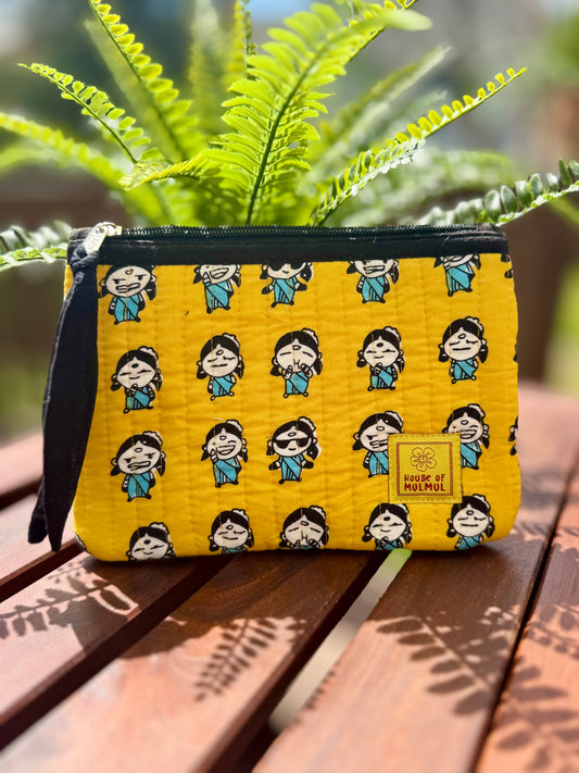 Block print Flat zip pouch - Quilted travel pouch - Passport pouch - Yellow Lady