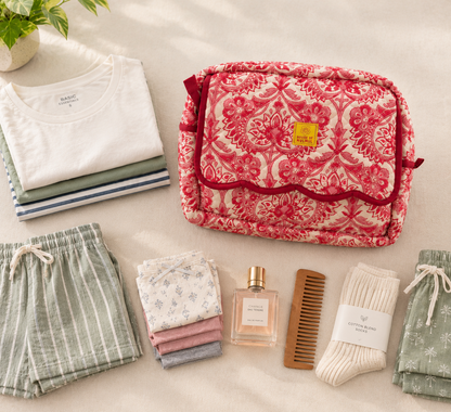 Saffron Harvest - Cotton Quilted Handblock Printed Travel Makeup Utility Pouch (Scallop)