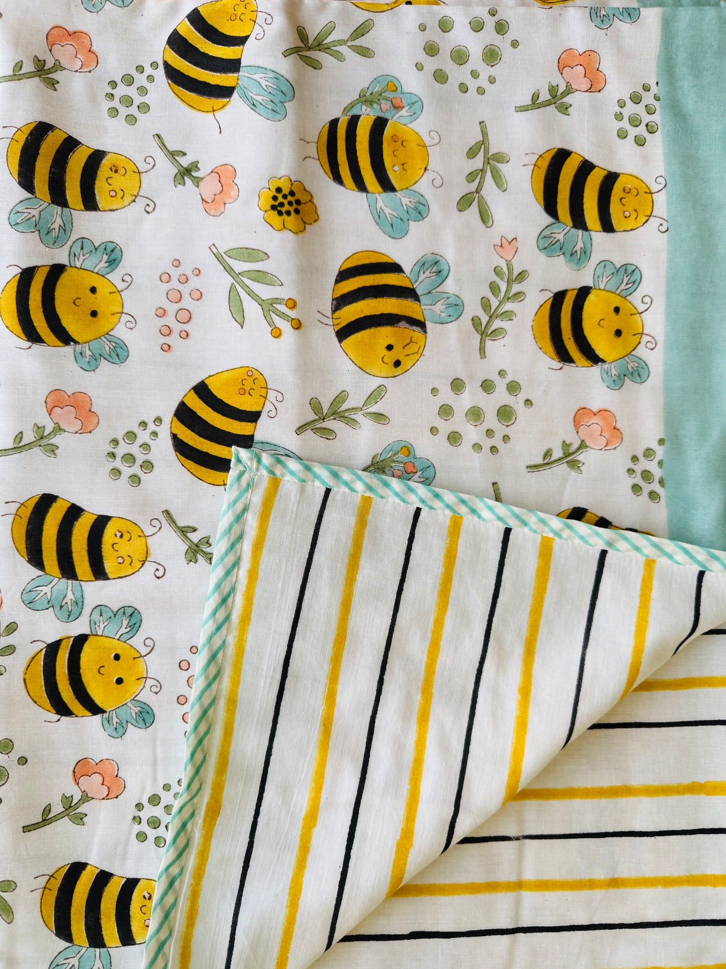 Block Print Cotton Reversible Coverlet - Kids (Bee Garden)