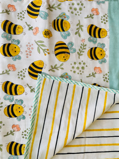 Block Print Cotton Reversible Coverlet - Kids (Bee Garden)
