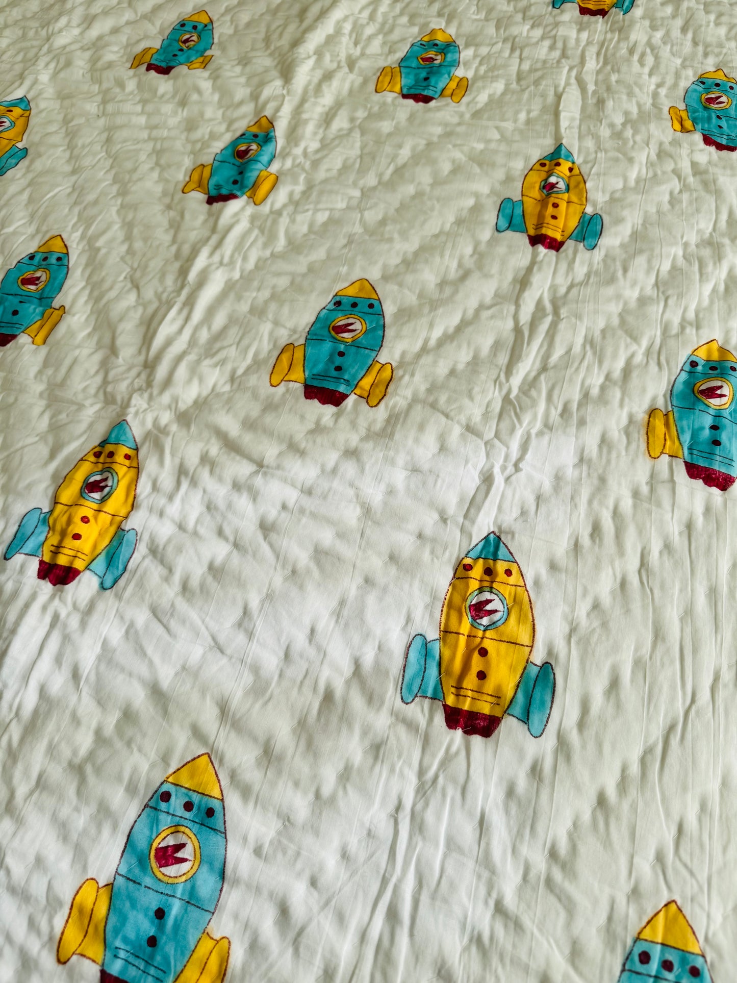 Block Print Cotton Reversible Quilt - Kids (Space Rocket)