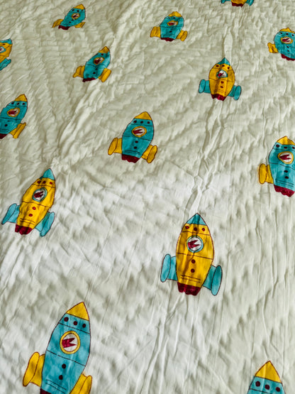 Block Print Cotton Reversible Quilt - Kids (Space Rocket)