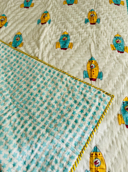 Block Print Cotton Reversible Quilt - Kids (Space Rocket)