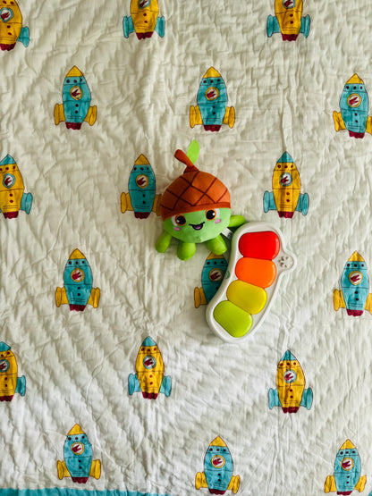 Block Print Cotton Reversible Quilt - Kids (Space Rocket)