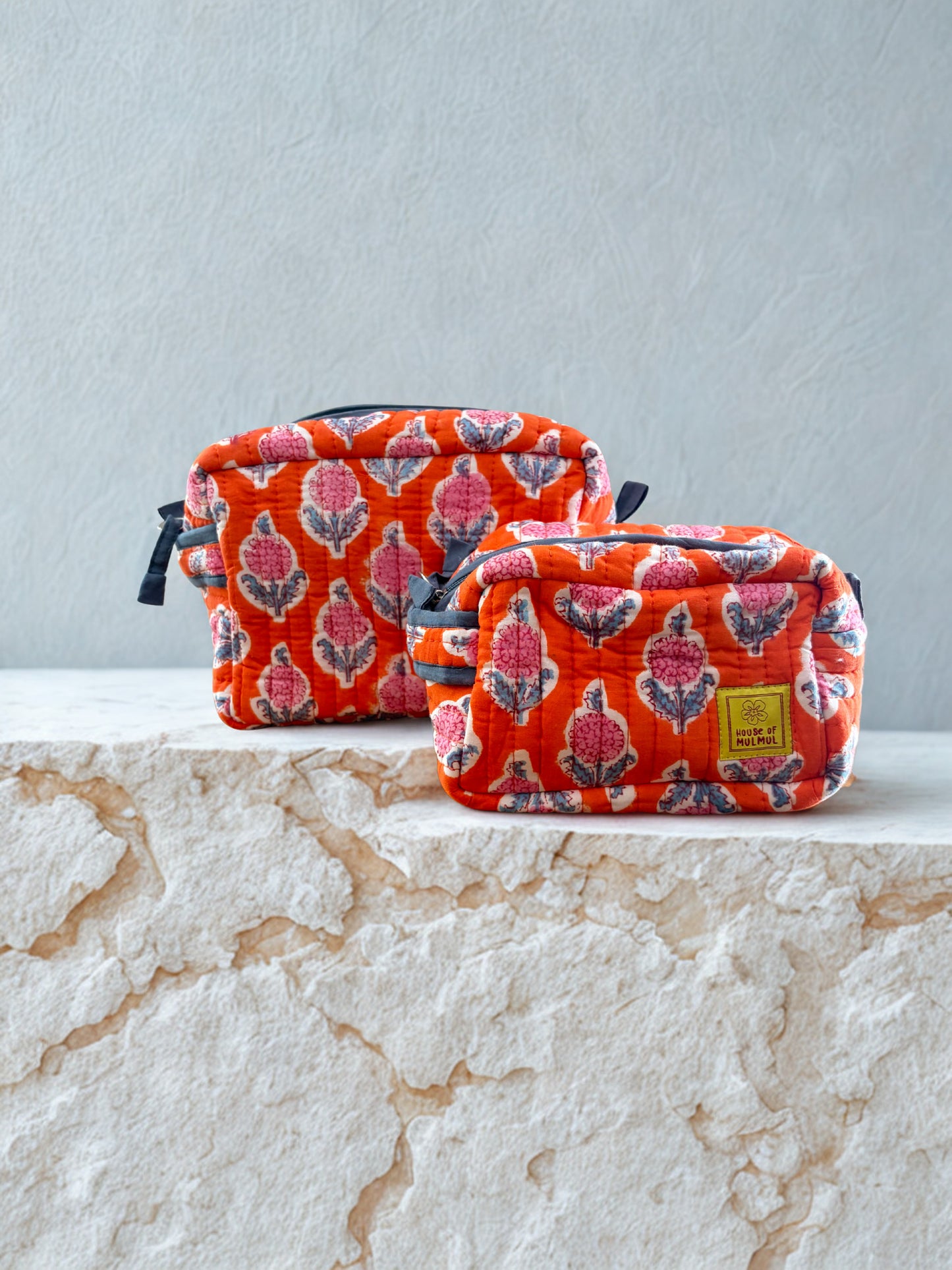 House of Mulmul - Quilted Blockprint Travel Makeup pouch set.
