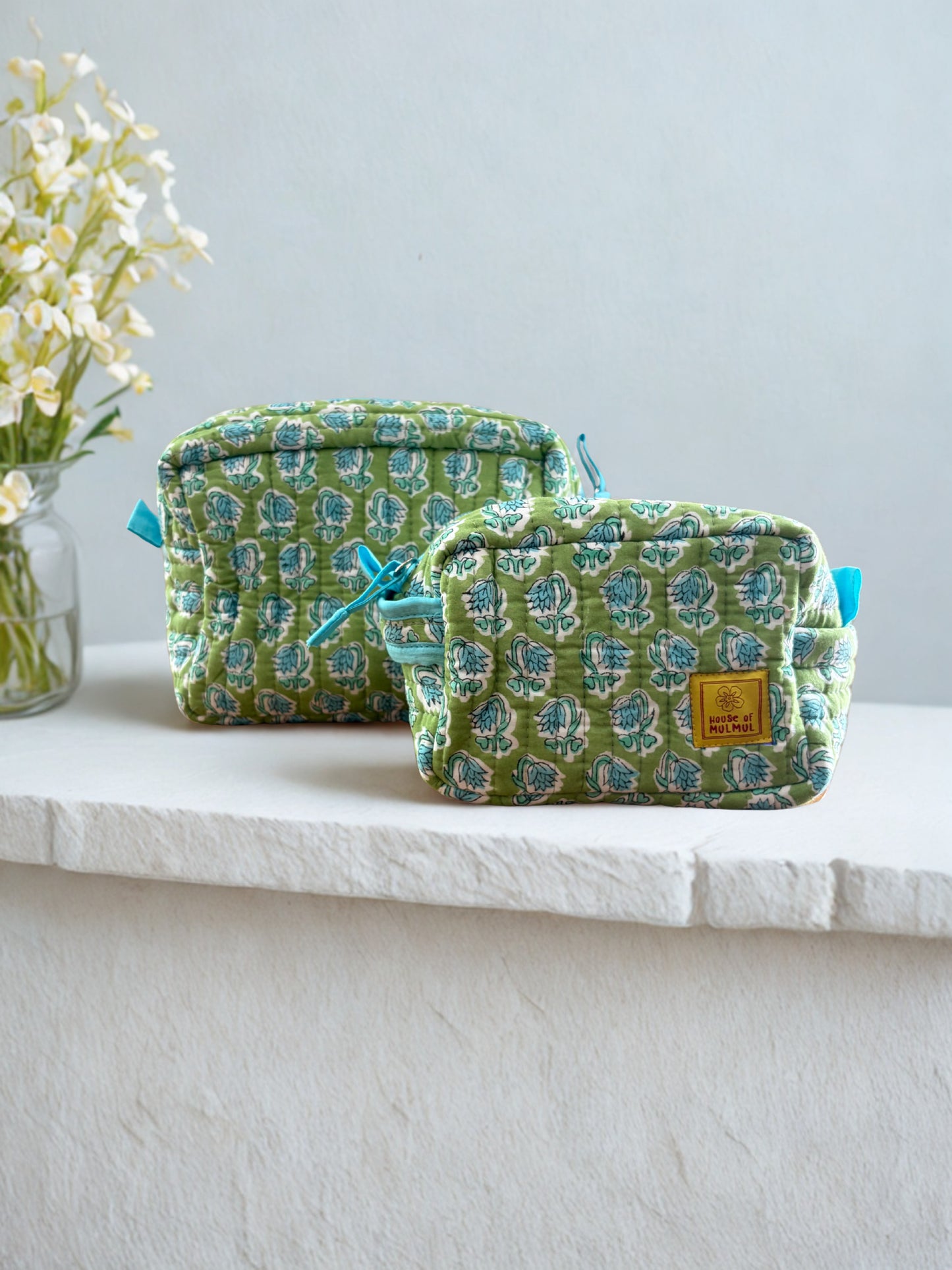House of Mulmul - Quilted Blockprint Travel Makeup pouch set.