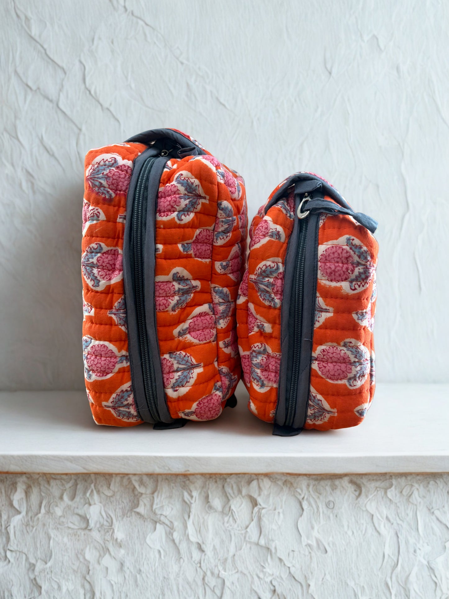 House of Mulmul - Quilted Blockprint Travel Makeup pouch set.