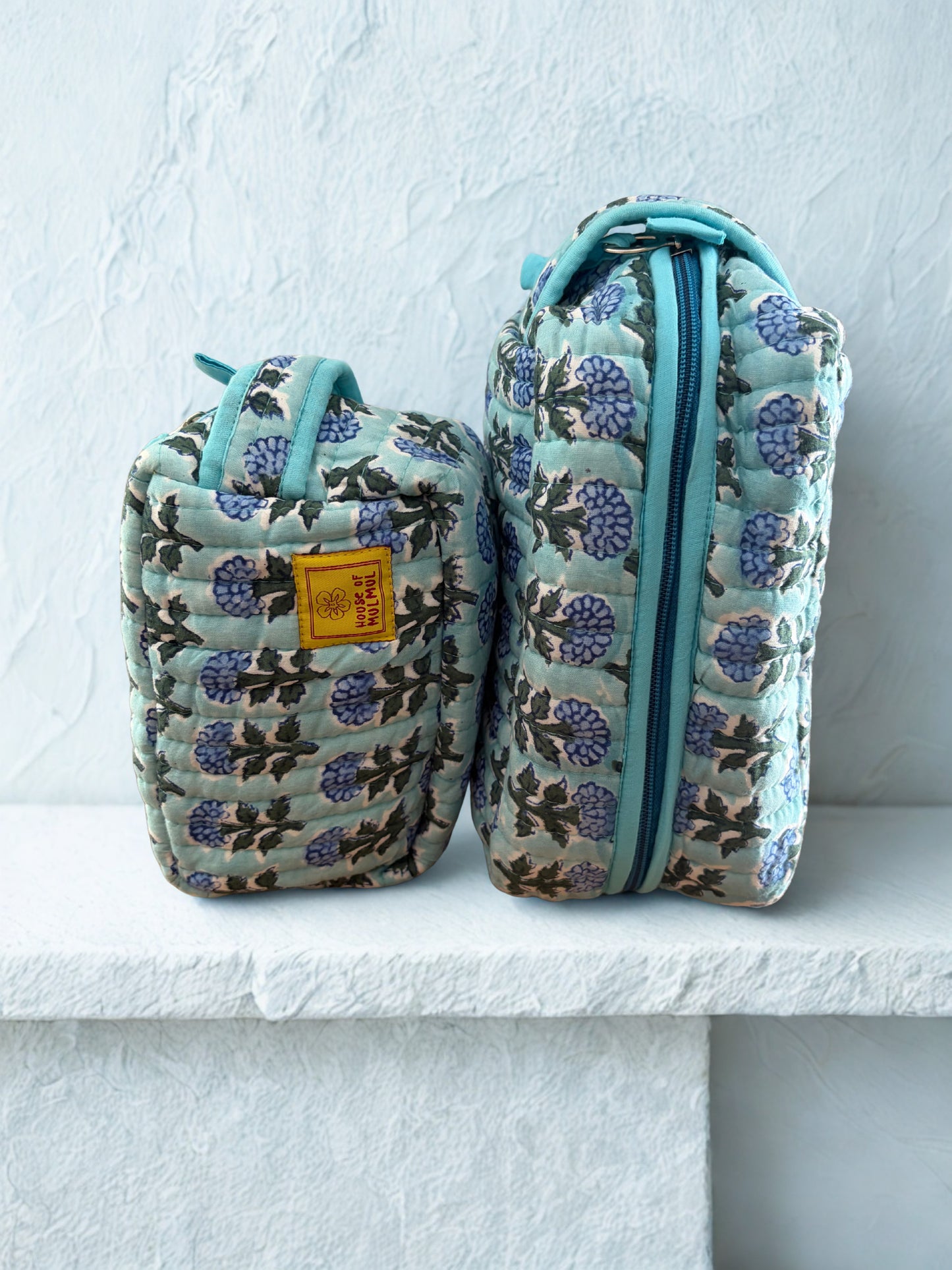 House of Mulmul - Quilted Blockprint Travel Makeup pouch set.
