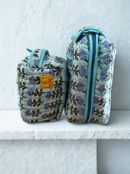 House of Mulmul - Quilted Blockprint Travel Makeup pouch set.