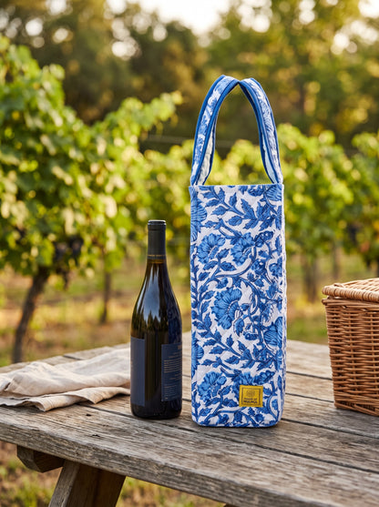 House of Mulmul - Cotton Quilted Wine Bag. A blue and white floral patterned wine tote bag stands on a rustic wooden picnic table next to a dark wine bottle, with a wicker basket and a blurred vineyard background.