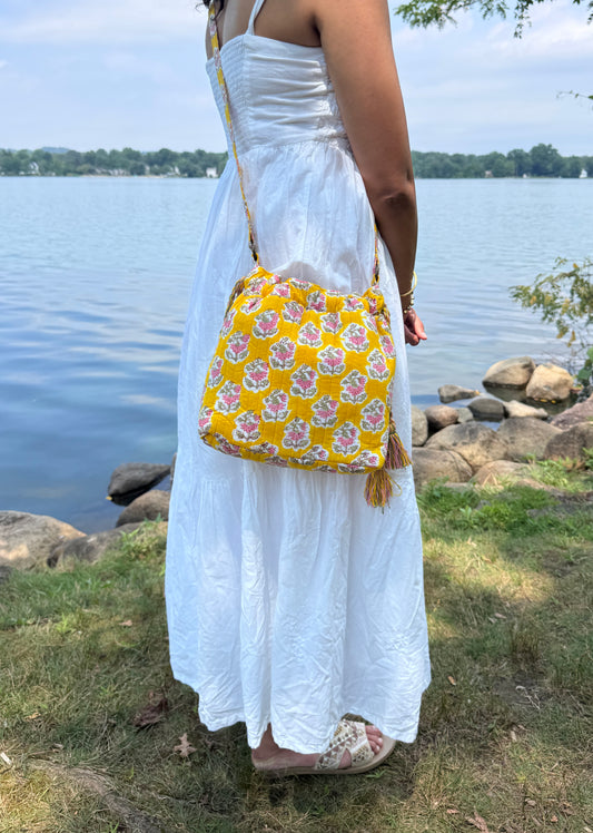 Block printed Garden Wayfarer Crossbody Bucket Bag (Yellow)