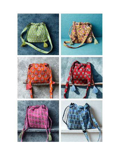House of Mulmul - Garden Wayfarer Bucket Bag, Cotton bag, Crossbody sling bag. Collage of various colorful bags on a white background.