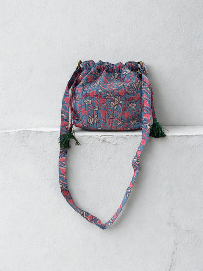 Block printed Garden Wayfarer Crossbody Bucket Bag (Blue Pink Vine)