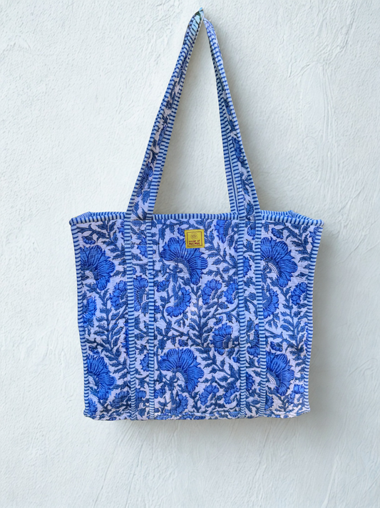 Handblock Printed Cotton Tote Bag (Blue)