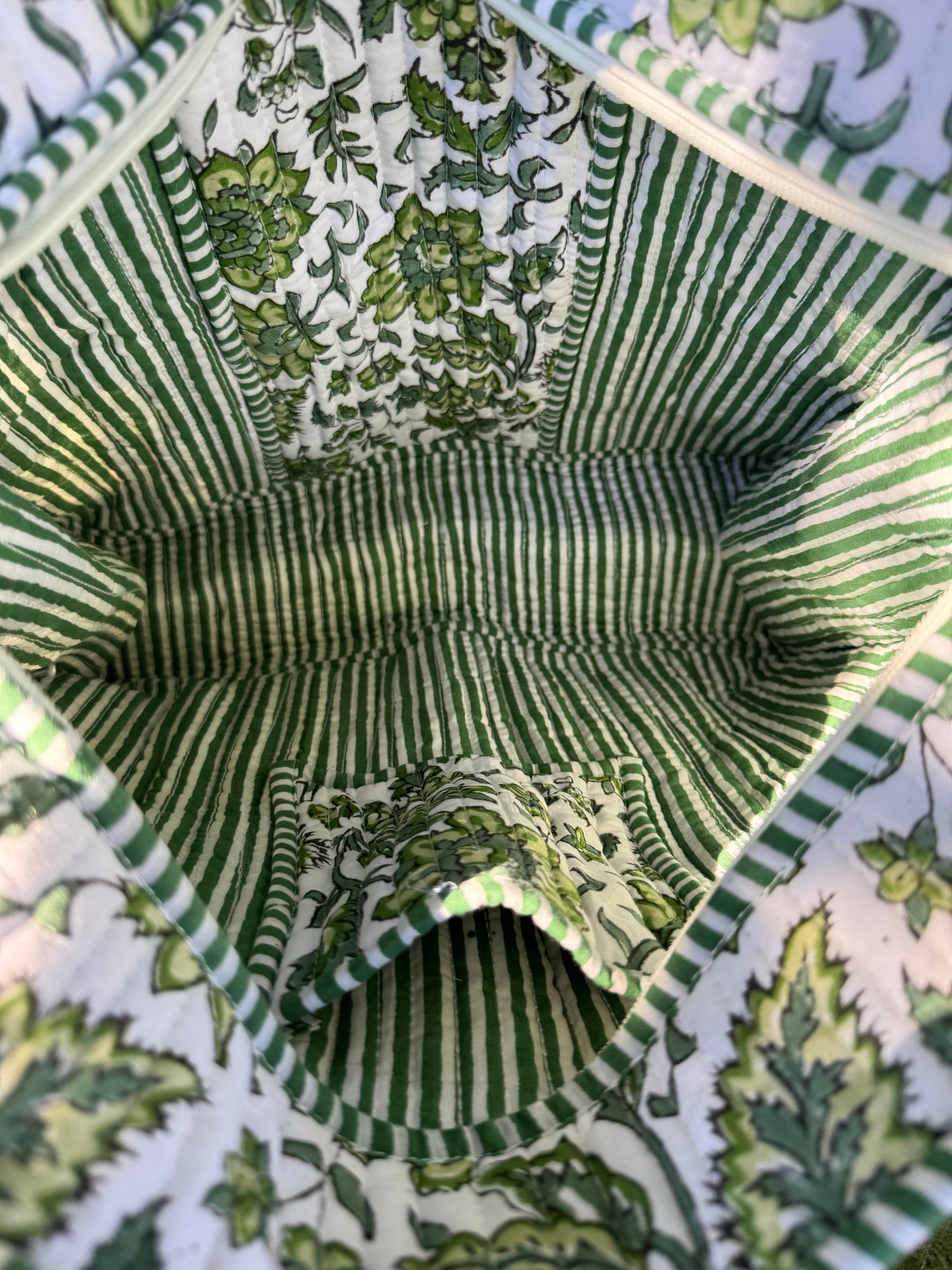 House of Mulmul - Cotton Tote Bag. Close-up of a green and white patterned fabric interior