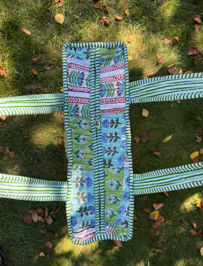 House of Mulmul - Cotton Tote Bag. Decorative fabric strip with floral pattern on a grassy background