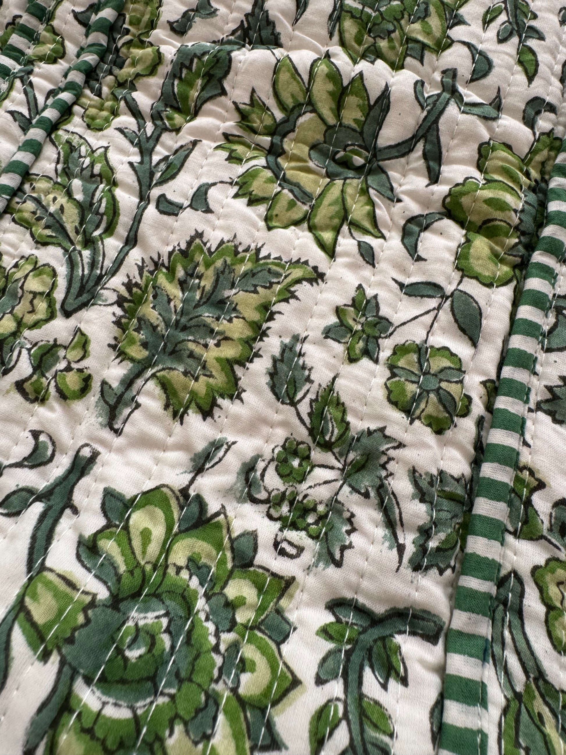 House of Mulmul - Cotton Tote Bag. Close-up of green floral and leaf pattern fabric