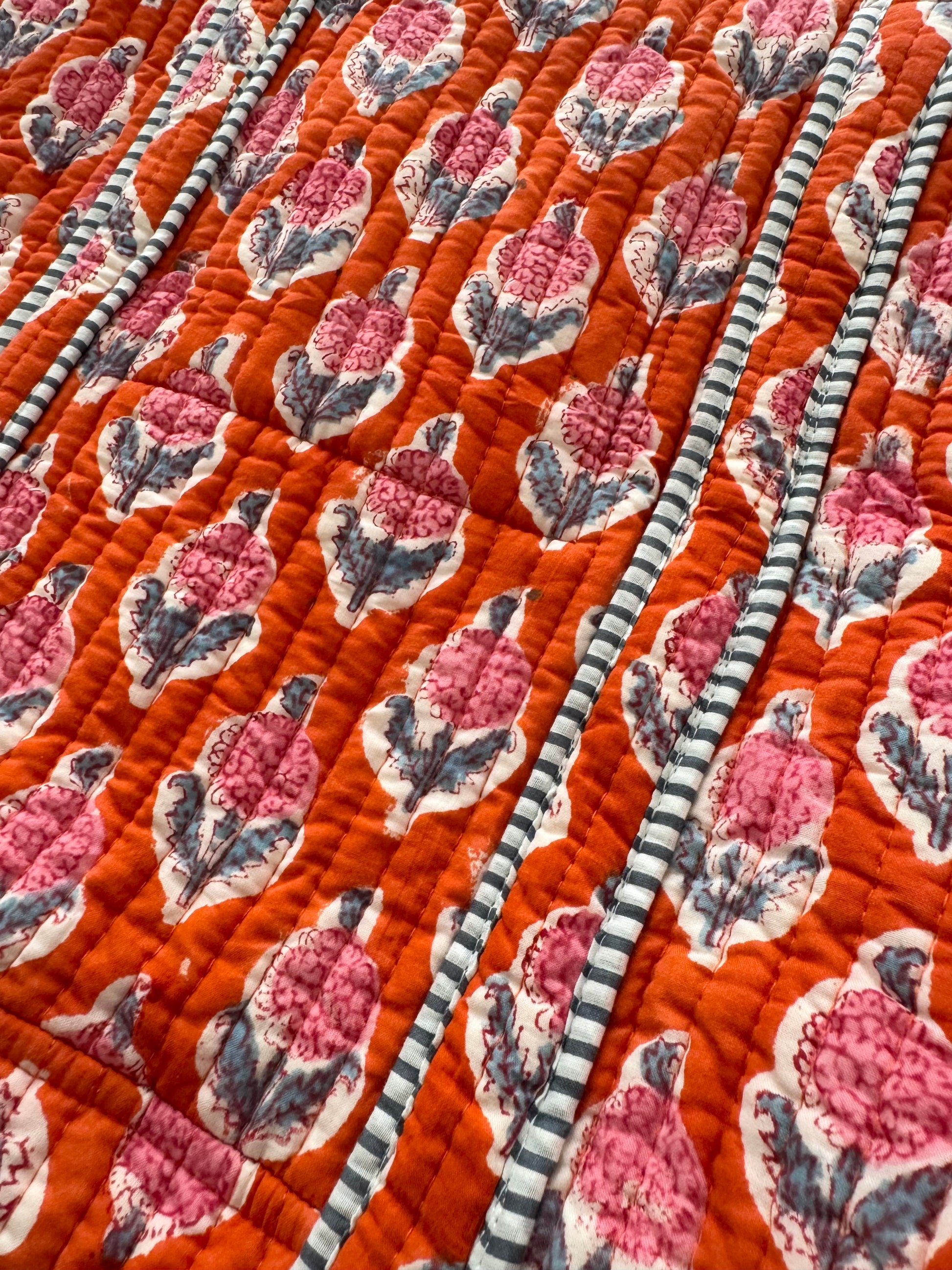 House of Mulmul - Cotton Tote Bag. Quilt with floral pattern on an orange background