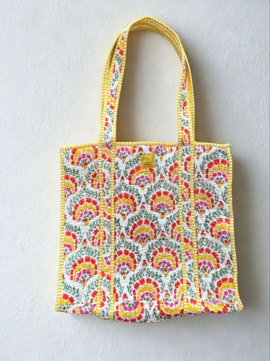 House of Mulmul - Cotton Tote Bag. Colorful patterned tote bag on a light gray background