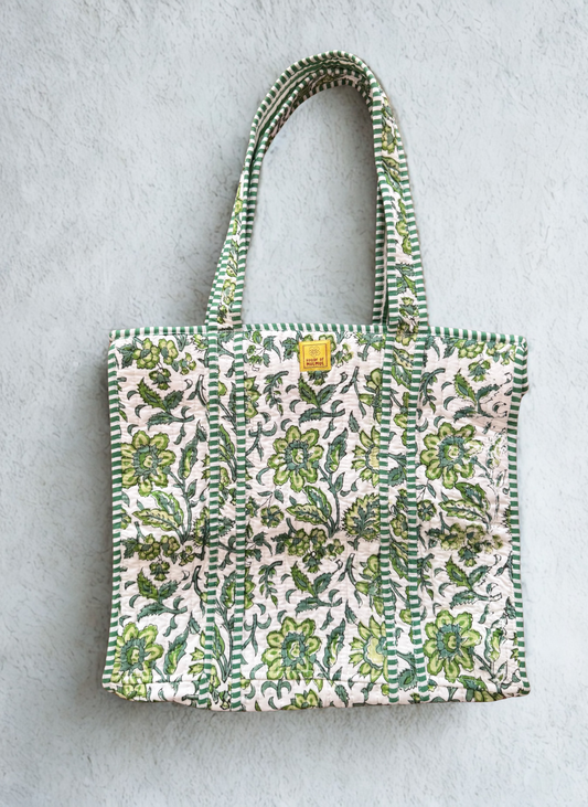 House of Mulmul - Cotton Tote Bag. Green Floral patterned tote bag on a light gray background
