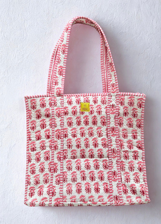 House of Mulmul - Cotton Tote Bag. Pink Red and white patterned tote bag on a light gray background