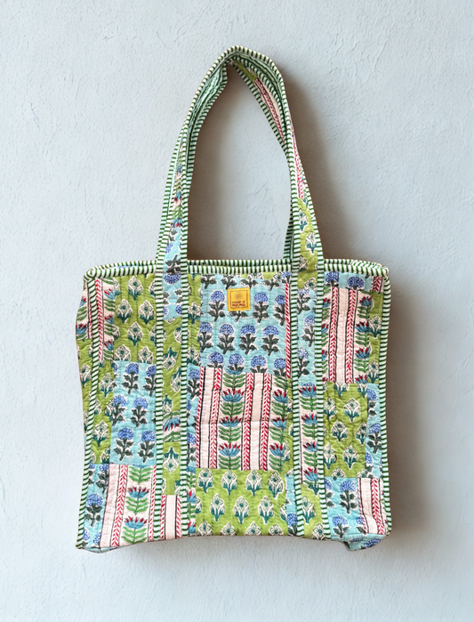 House of Mulmul - Cotton Tote Bag. Colorful patterned tote bag on a light gray background
