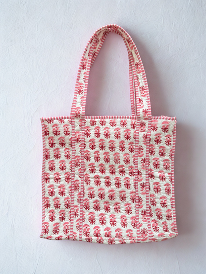 House of Mulmul - Cotton Tote Bag. Tote bag with pink red floral pattern on a white background