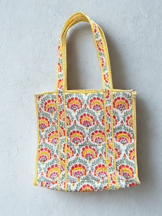 House of Mulmul - Cotton Tote Bag.  Tote bag with a colorful pattern on a gray background.