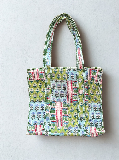 House of Mulmul - Cotton Tote Bag. Patterned tote bag on a light gray background