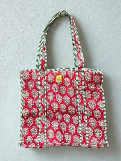 House of Mulmul - Cotton Tote Bag. Red Pink patterned tote bag with a visible brand label on a light gray background