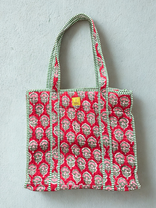 House of Mulmul - Cotton Tote Bag. Red Pink patterned tote bag with a visible brand label on a light gray background