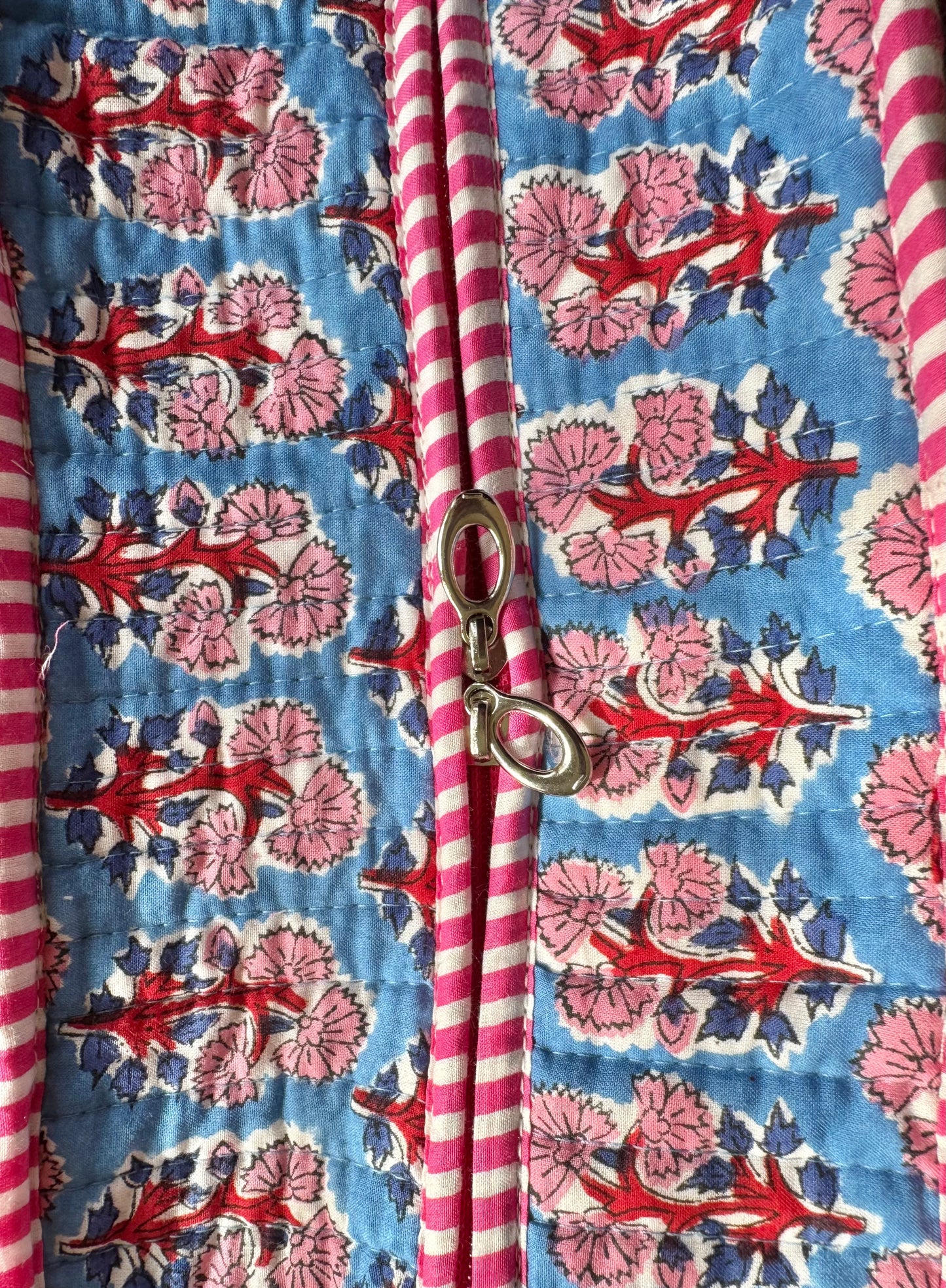 House of Mulmul - Cotton Tote Bag, Travel Bag. Floral patterned fabric with pink and red stripes and a metal clasp.