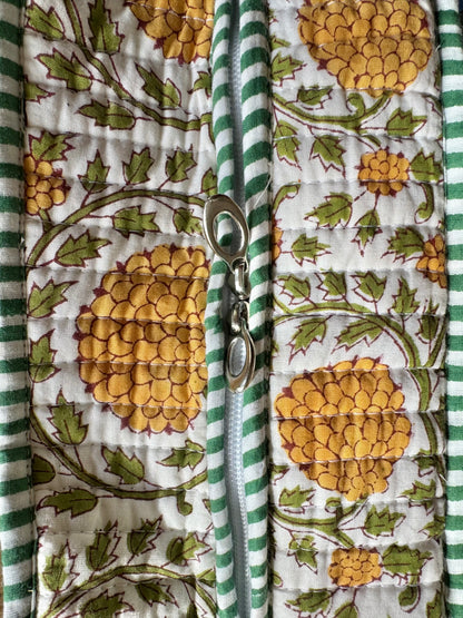 House of Mulmul - Cotton Tote Bag, Travel Bag. Floral-patterned fabric with a zipper and green stripes